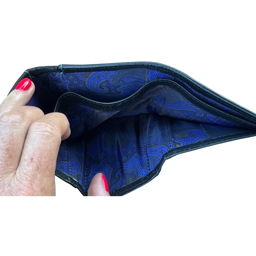 Robert Graham Mens Black Leather Trifold Wallet Blue Paisley Lining Stitching